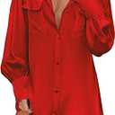 Ekouaer Satin Nightgown for Women Button Down Silk Sleepshirts Sexy V Neck Night Gown Long Sleeve Night Shirts XL, Red