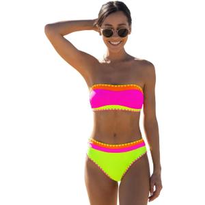 ZAFUL Women's High Cut Bandeau Bikini Set Strapless Solid Color 2 Pieces Bathing Suit Swimsuit (Large, 10-black Red)