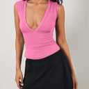 Womens Halter Deep V Neck Tank Tops Sleeveless Sexy Plunge Basic Summer Y2k Crop Top (Pink, L)