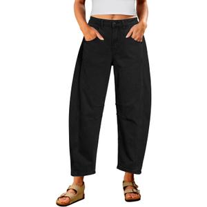 Utyful Barrel Jeans Women Cropped Baggy Trendy High Waisted Distressed Loose Stretch Denim Trouser Jeans with Pockets, Size: Medium (Black)