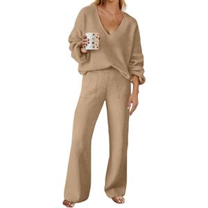 MEROKEETY Women's 2 Piece Outfits Lounge Sets Fall Winter Long Sleeve Knit Sweater Wide Leg Pant Matching Set (S)