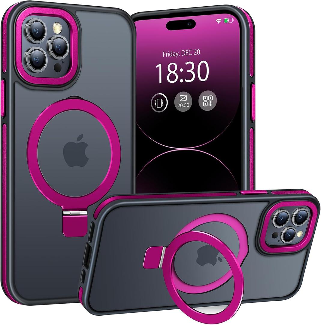 Magnetic Case for iPhone 14 Pro Max, with Invisible Ring Stand, Military Drop Protection, Shockproof Anti-Fingerprint Matte Protective Cover for iPhone 14 Pro Max, Hot Pink