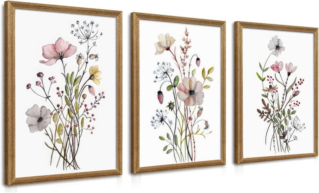 WRFON Framed Botanical Canvas Wall Art Set of 3, Watercolor Floral Prints, Framed Flower Wall Decor for Bedroom Bathroom Living Room, 16x24 Inch Each
