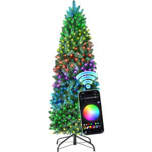 HOLLO STAR 6 ft Prelit Christmas Tree with 247 LED Lights, App Control, Artificial Pencil Christmas Tree with Multi-Color RGBW Lights, 715 Branch Tips, Skinny Xmas Tree, Metal Base, for Home, Party