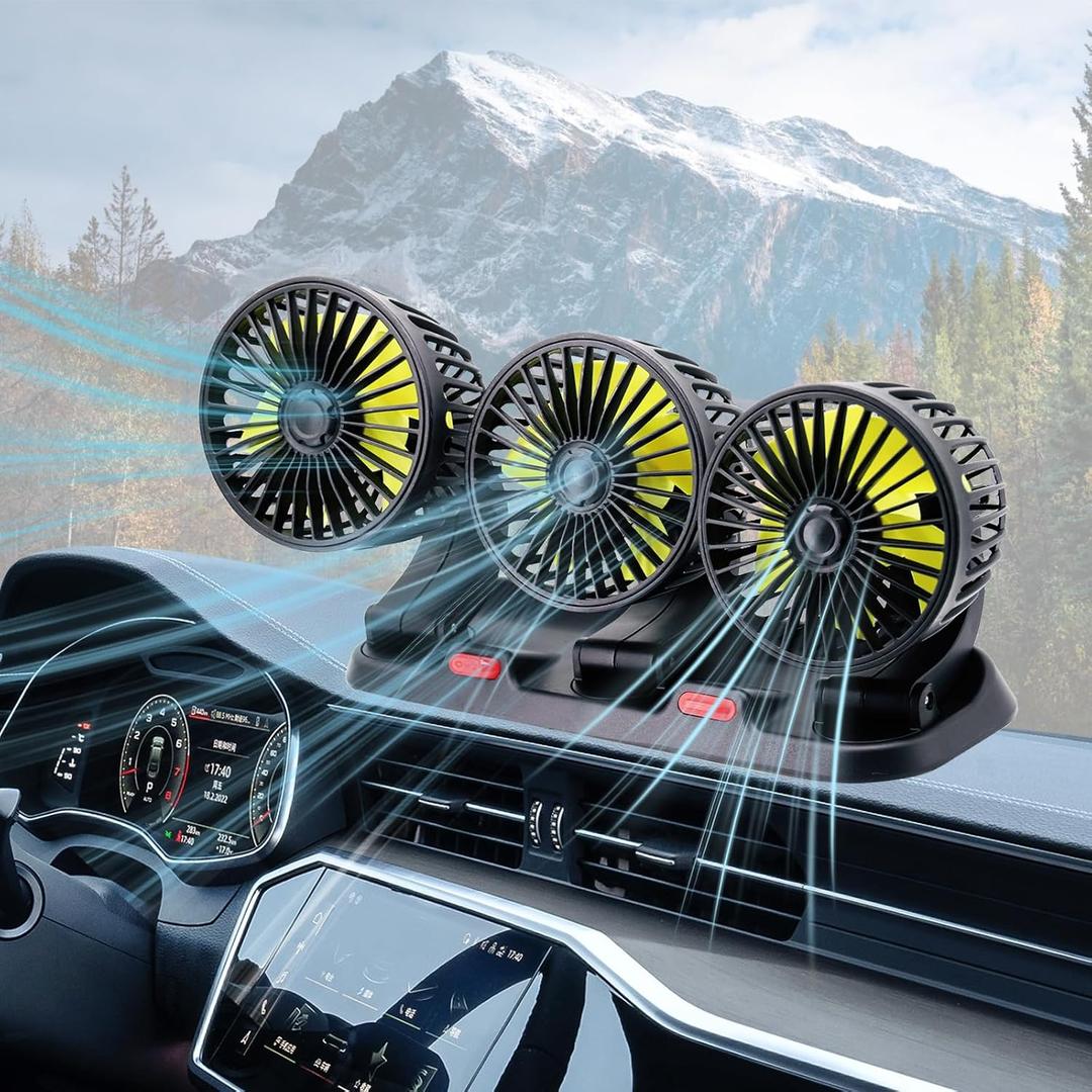 Triple-Head Fan for Car, Portable Car Fans for Vehicles Cars RV Vent with 360Rotation Cigarette Lighter Plug