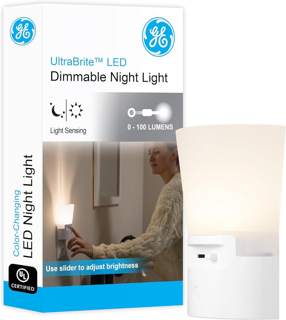 GE Ultrabrite Dimmable Sconce LED Night Light GEPlug-In, Energy Efficient, Dusk-to-Dawn Sensor, Adjustable Brightness, Ideal for Bedroom, Bathroom, Hallway, Nursery, White, 45123, 1 Pack,