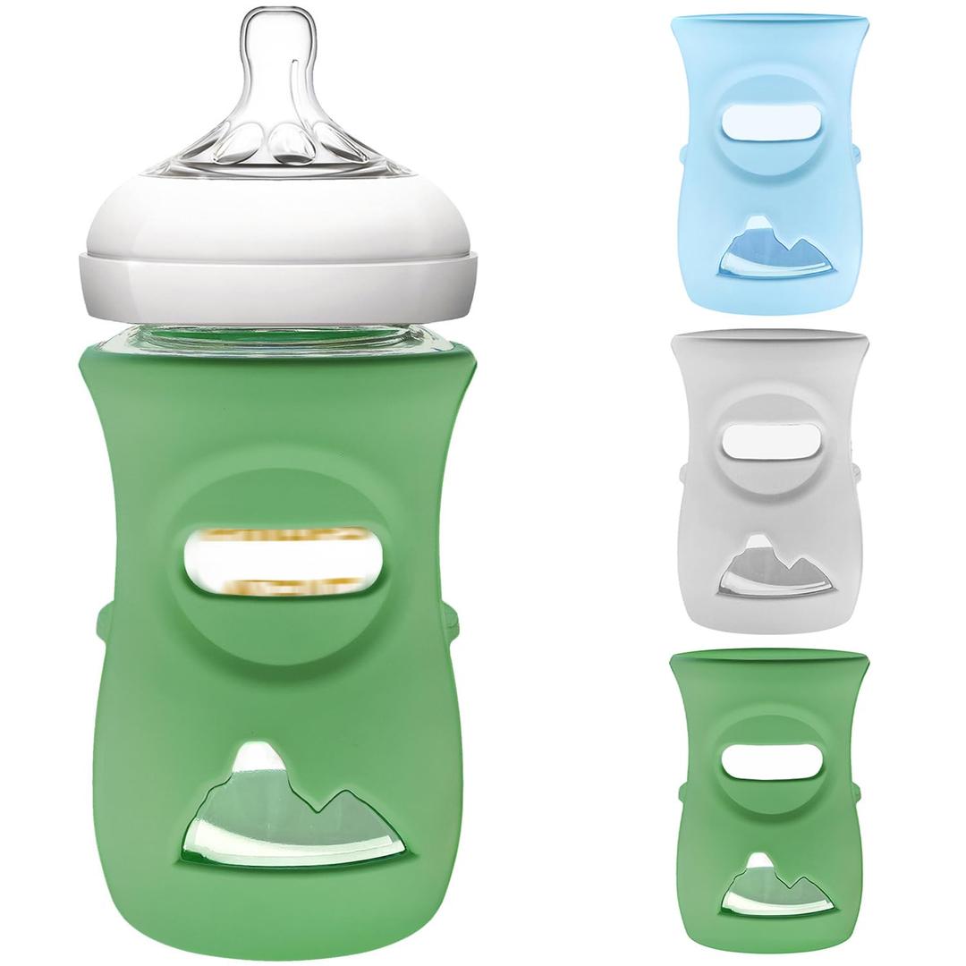 2 x 3 Pack Silicone Sleeve for Philips Avent Glass Bottle - Shatter Proof Natural Silicone Bottle Sleeve for Anti Colic Baby Bottles 8 oz & 4 oz - Anti Flow Sleeve for Infant Bottles (Green&Light Grey&Blue)