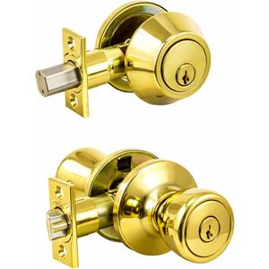 Design House Terrace Entry Door Knob and Single Cylinder Deadbolt Combo, Polished Brass, 6-Way Universal, 728329
