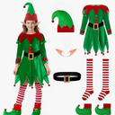 Christmas Girls Elf Costume: 6-Pack Kit Kids Holiday Helper Outfit with Velvet Dress Shoes Hat Belt Sock Ear