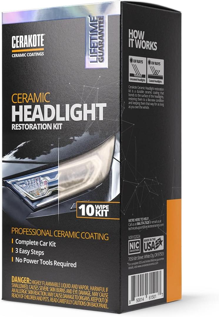 CERAKOTE Ceramic Headlight Restoration Kit, No Power Tools Required - 10 Wipe Kit