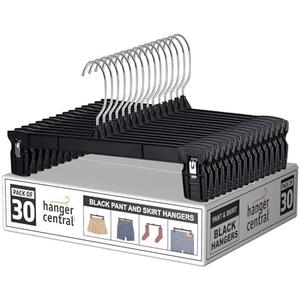 Hanger Central 24 Pack Pants Hangers – 12 Inch Slim Plastic Clothes Hangers with Clips for Skirts, Shorts & Trousers – Non Slip Grip, Heavy Duty Space Saver with Swivel Hook – Black Closet Organizer