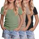 3 Pack Girls Shirts Scoop Neck Ribbed T Shirts Teens Short Sleeve Slim Fit Summer Tees for Kids Age 5-14