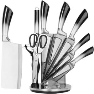 Knife Set Stainless Steel Cleaver Knives Set with Rotatable Acrylic Storage Block Sharpener Sharp Cutlery Kitchen Knife Block Set Chef Cooking Cutting Knives (Black)