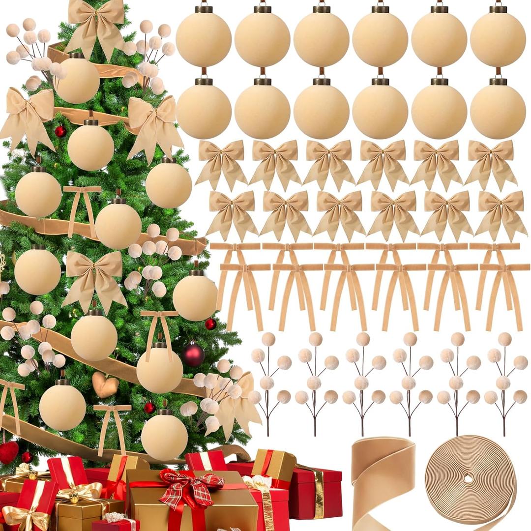 Wettarn 53 Pcs Christmas Velvet Ornaments Kit Include 15 3.15" Velvet Balls, 30 Bows (Wide & Narrow), 1 Wide & 1 Narrow Ribbon (5 yds Each), 6 Flocked Ball Picks for Xmas Decor (Beige)