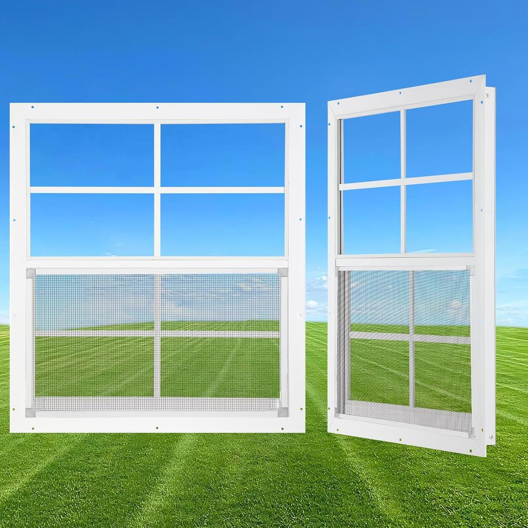 24" x 27" Shed Windows 2 Pack, Small Sliding Window with Tempered Glass & Metal Mesh Screen, Flush Mount Windows for Shed Chicken Coop Barn Household Garage Basement Cabin Playhouse