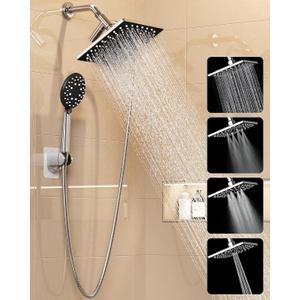 Veken High Pressure Rain Shower Head with Multi-Functions, Square Rainfall Shower Heads with 5-Mode Handheld Spray Combo, Detachable Hand Held Showerhead with Hose, Double Regaderas Para, Chrome