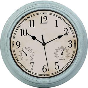 12 Inch Indoor Outdoor Retro Waterproof Wall Clock with Thermometer and Hygrometer, Battery Operated Quartz Round Wall Clock Silent Non Ticking Home Decor,Blue