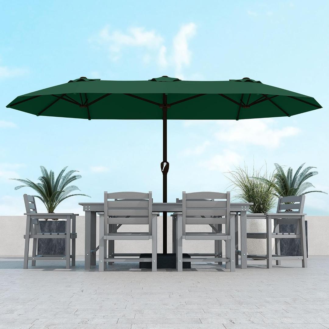 Kingdura 13ft Large Patio Umbrella with Base Included, Double-Sided Rectangle Outdoor Table Umbrella with 12 Reinforced Ribs, Crank Lift for Market Pool Deck Backyard, Dark green