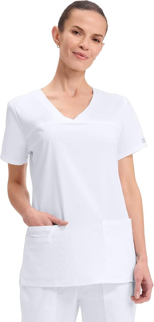 CHEROKEE Women's Workwear Core Stretch V-Neck Scrubs Shirt, White, Small