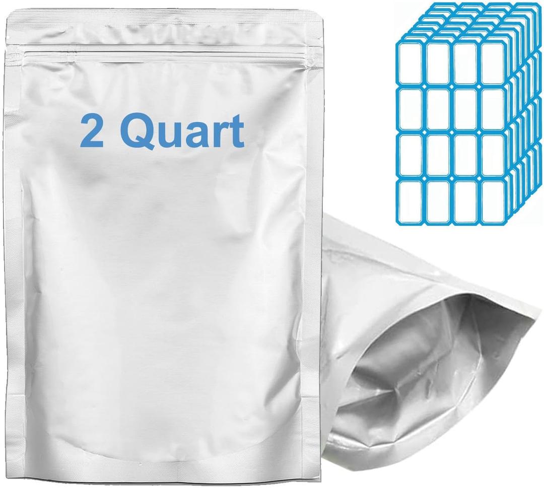 100pcs 2 QUART Mylar Bags for Food Storage - Thick 10 Mil - 8"x12" Stand Up Zipper Pouches Bags, Resealable and Heat Sealable Vacuum Sealing Bag for Long Term Food Storage