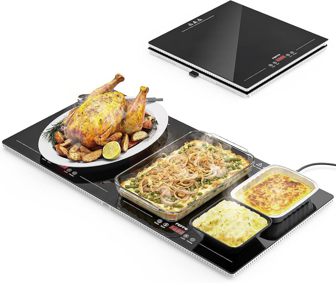 FEPPO Electric Warming Tray with Independent Temp & Timer Control, 2-in-1 Modular Food Warmer for Parties Buffet, 31"x15" Glass Surface Warming Mat for Food, Ideal for Catering & Gatherings