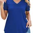 Womens Tops Plus Size Summer Fashion Pleated Shirts Casual Comfy V Neck Tees Royal Blue 2XL