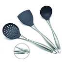 Silicone Stainless Steel Kitchen Utensils Set, 3-Pieces Flexible Silicone Head Cooking Utensil with Wok Spatula, Ladle, Slotted Spoon (Grey)