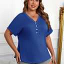 HDLTE Plus Size Tops for Women Summer V Neck Short Sleeve Tee Shirts Button Casual Loose Fit Blouse Blue (XXL)
