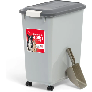 IRIS USA Dog Food Storage Container with Wheels, Airtight Lid, 2-Cup Scoop, Up to 30 Pounds Pet Food Storage, Built in Scoop Storage in Lid, Versatile Pet Food Bin, Portable, BPA Free, Gray/Dark Gray, 30 Lbs