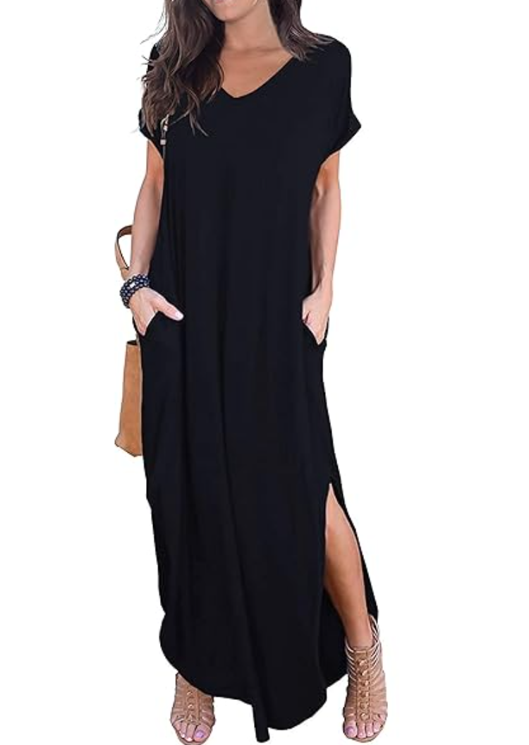 ANRABESS Women Year-Round Casual Round Neck Loose Split Wrinkle-Free Long Maxi Vacation Dress with Pockets, Size Small