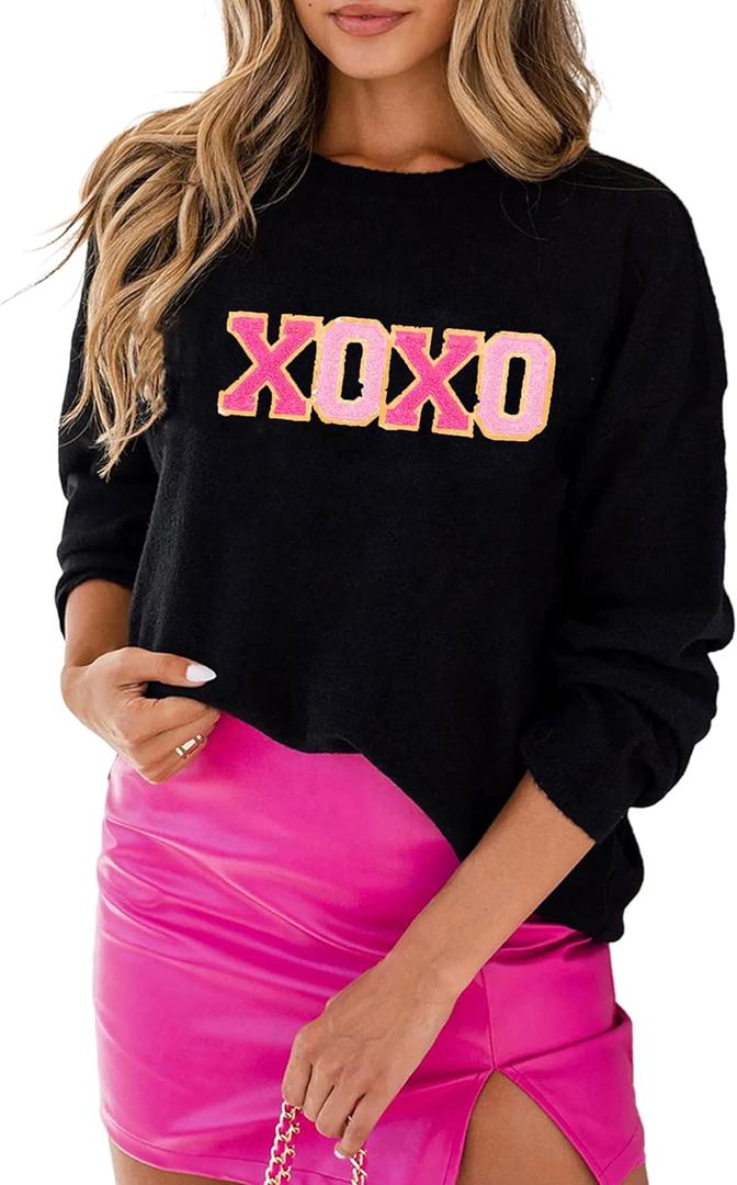LEMAFER Women 2026 Merry Christmas Round Neck Sequin Letters Sweater Casual Solid Slogan Long Sleeve Pullover Sweatshirt Tops (X-Large, A Black Xo)