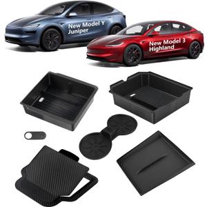 IMATEPLUS Center Console Organizer for Tesla Model 3 Highland 2024 2025 & Model Y Juniper 2025, 6-Piece Set Black(Armrest Storage Tray,center console trayHidden Storage Box,Cup Holder)