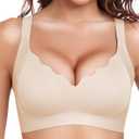Scalloped Lift Bras for Women No Underwire Buttery Soft Push Up Wireless Bras V Neck Seamless Bralettes (Medium, Beige)