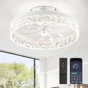 LEDIARY 15.7" Modern Ceiling Fans with Lights and Remote, Dimmable Low Profile Ceiling Fan, Flush Mount Ceiling Fan, Stepless Color Temperature Change and 6 Speeds - White