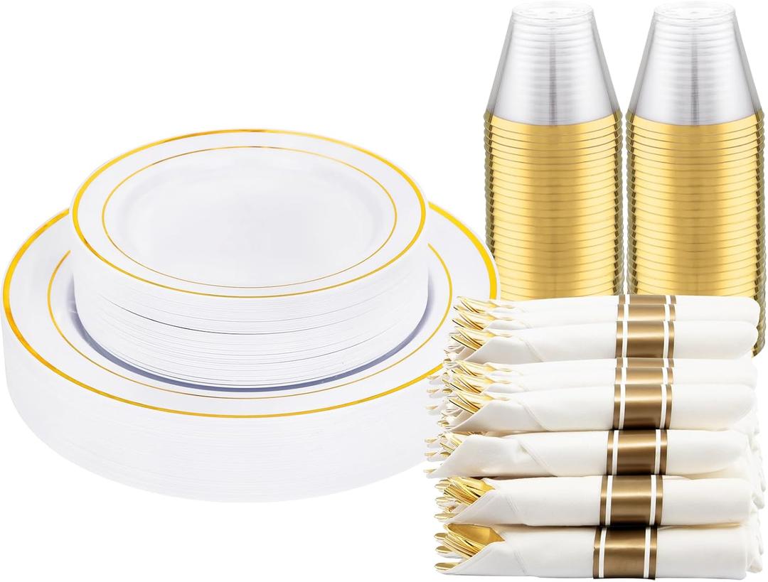 DaYammi 210PCS Gold Plastic Dinnerware Set Gold Plates Disposable Disposable Plates for Party Include: 30 Dinner Plates,30 Dessert Plates,30 Pre Rolled Napkins with Gold Silverware, 30 Cups for Wedding