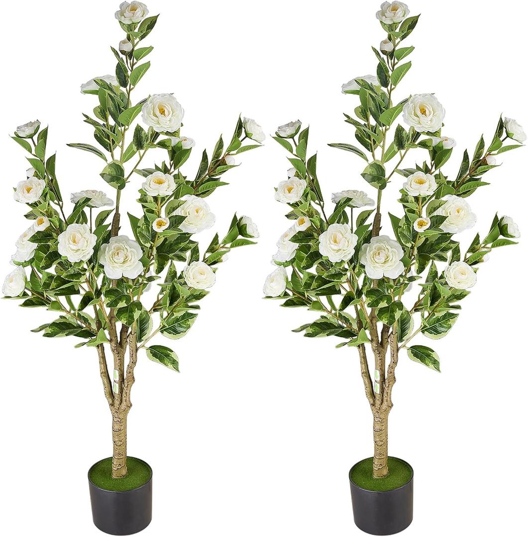 4Ft Artificial Camellia Tree 2pack, White Silk Flowers Faux Plant for Indoor Outdoor Home Decor, Realistic Potted Greenery for Office Porch Living Room