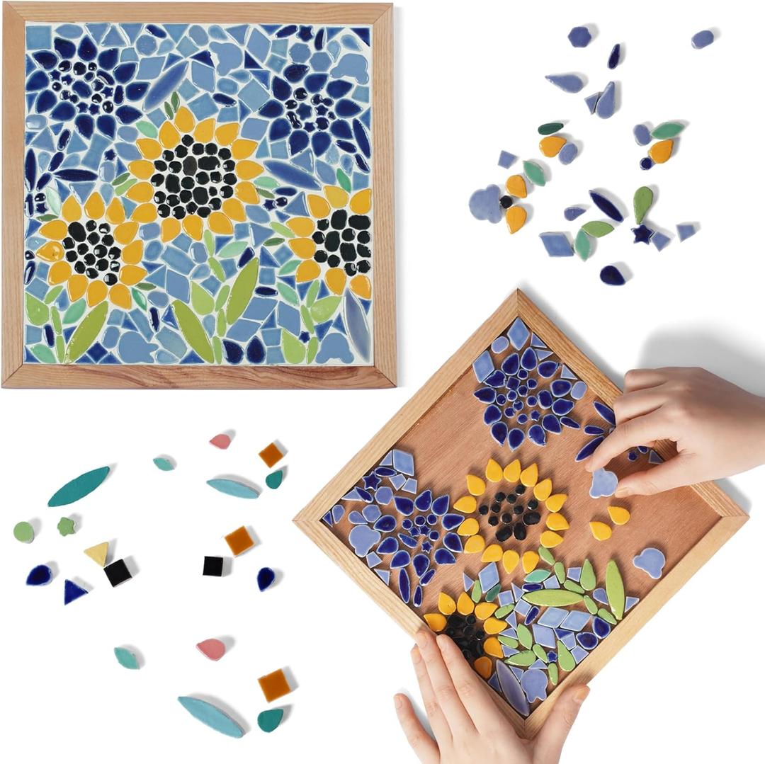 E2CTiles Sunflower Ceramic Mosaic Art Kit, DIY Mosaic Tile Craft Kit for Adults & Kids 8 Ages, Easy to Make, No Experience & No Cutting Needed, Gift Idea, Home Decor Art, Full Mosaic Supplies