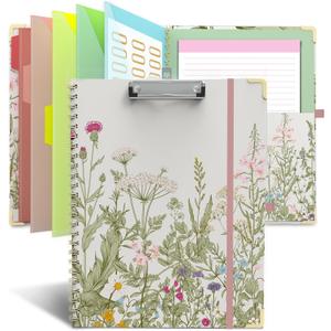Clipboard Folder with Notepad Refillable Lined for Letter Size (11" x 8.5"), 5 Dividers with Storage 10 Pockets, Cute Spiral Foldable Clipboard with Metal Clip School Office Supplies (Garden Flowers)