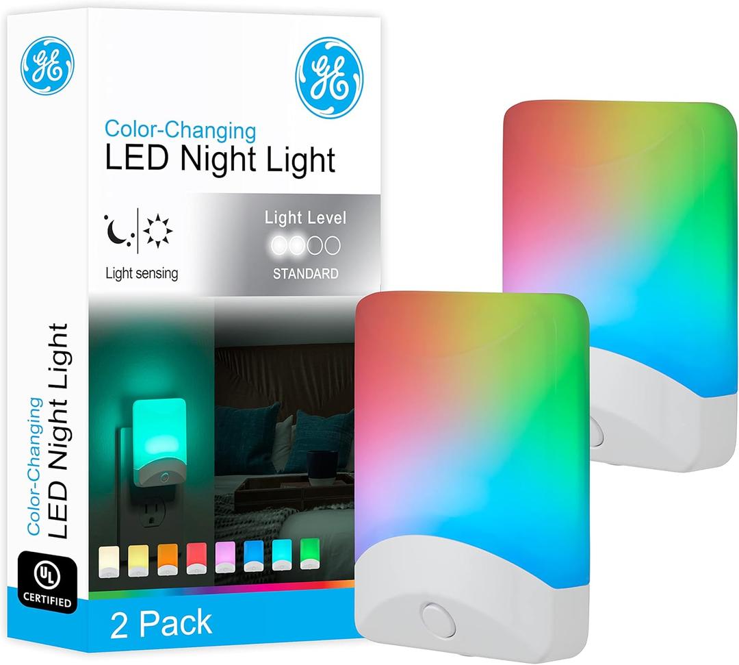 GE Color Changing LED Night Light for Kids, Dusk to Dawn Sensor, Home Decor Apartment Essentials, Wall Lights for Bedroom, Ambient Lighting, Nightlights Plug In, 2 pack, 46722-P1
