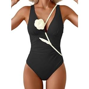 Eomenie Women's One Piece Swimsuit Slimming Tummy Control Bathing Suit Plunging V Neck Color Blocking 2025 Swimwear Black, (X-Large)