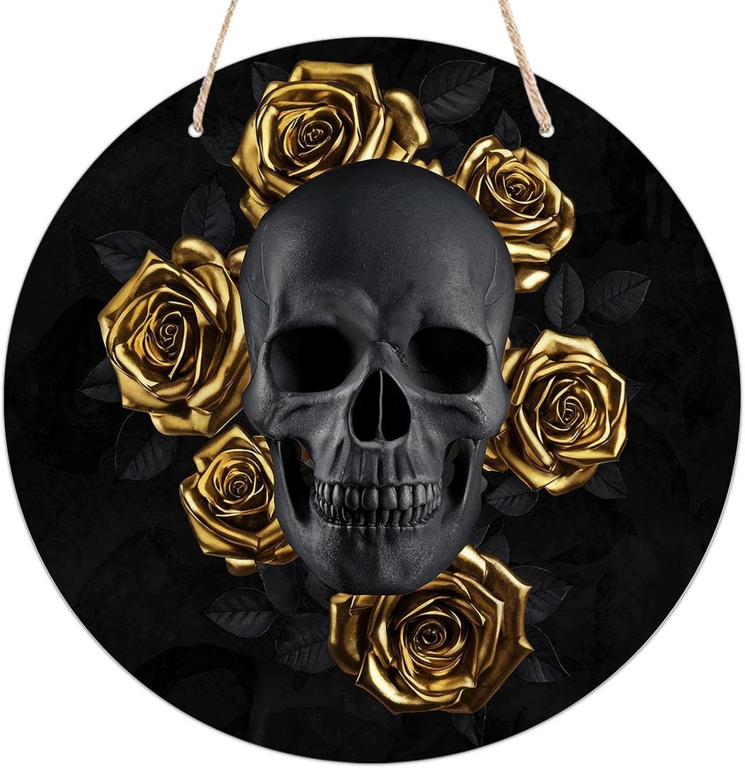 Gothic Black Skull with Gold Roses Round Wooden Hanging Sign for Home Office Wall Art Decor Door Hanger Gift 88 Inches