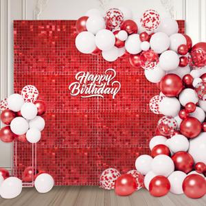 12PCS Red Shimmer Wall Backdrop, Square Sequin Photo Backdrops Panel, Glitter Wall Background for Birthdays, Weddings, Christmas, Baby Showers, Disco Bachelorette Party Decoration (3FTx4FT)