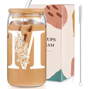 Glass Cups with Lids and Straws: Personalized Initial Glass Cup Be Used As Reusable Iced Coffee Cups with Lids,Cute Matcha Tumbler - The Christmas/Birthday Gifts for Women - M Smoothie Cup