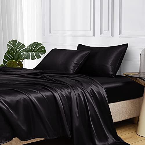 MR&HM Satin Bed Sheets, Queen Size Sheets Set, 4 Pcs Silky Bedding Set with Elastic Corner Straps and 15 Inches Deep Pocket for Mattress (Queen, Black)