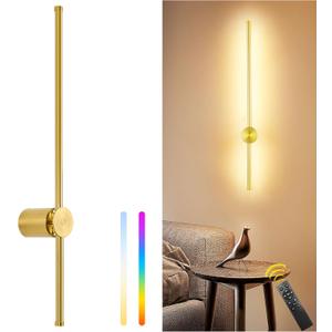 GOODATE 23.6 Inch Battery Operated Wall Sconce, 12000mAh Rechargeable Wall Sconce with Remote Control, Dimmable LED Wireless Wall Light for Bedroom, Living Room, 15 Colors, 180 Rotate, Gold, 1 Pack