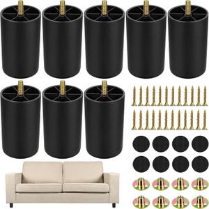 TURSTIN 8 Pack 3 Inch Plastic Furniture Legs with M8 T-Nuts Screws Tapered Sofa Couch and Chair Legs Replacement Furniture Legs for DIY Projects Sofas Coffee Tables Dressers Beds, Black