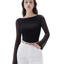 SUUKSESS Women Mesh Sheer Bell Sleeve Tops Double Lined Boat Neck Going Out Shirts Fall Fashion Outfits 2025 (Black, S) (Black, S)