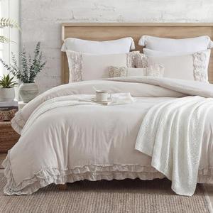 Bedorm Beige Duvet Cover Queen Shabby Chic Bedding Soft Breathable Washed Microfiber Ruffle Duvet Cover Coquette Cute Comforter Cover Girls Women, 3 Pieces