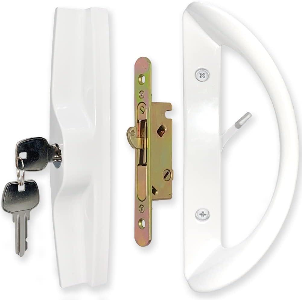 Patio Sliding Door Handle Set with Mortise Lock, Key Cylinder and Face Plate, Full Replacement Handle Lock Set Fits Door Thickness from 1-1/2" to 1-3/4", 3-15/16" Screw Hole Spacing, White