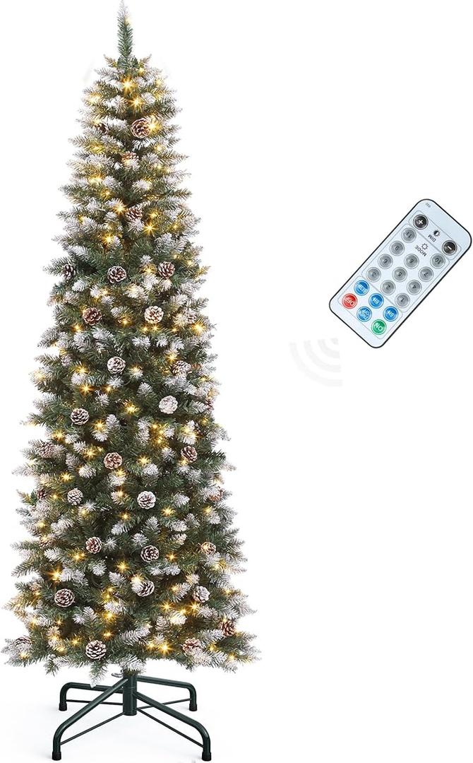YITAHOME 6FT Pre-Decorated Pencil Christmas Tree w/Remote, Partially Flocked & Frosted Slim Prelit Artificial Hinged Xmas Tree w/ 618 Tips, 50 Pine Cones, 250 Warmwhite & Multi-Color Lights, 11 Modes